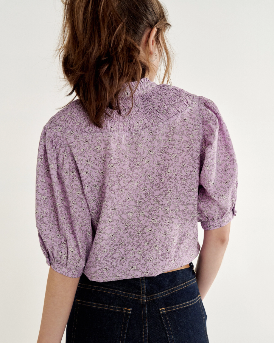 Back view of Women's Split Neck Top - Purple on model