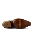 The Annie in Slate Blue Cowhide. Bottom view of The Annie Cowhide boot sole in brown leather, featuring the Tecovas brand name and a small bull logo near the heel.
