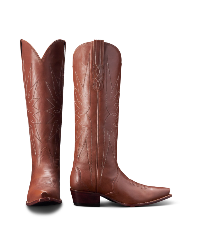 Pair of brown cowboy boots with decorative stitching, standing upright.
