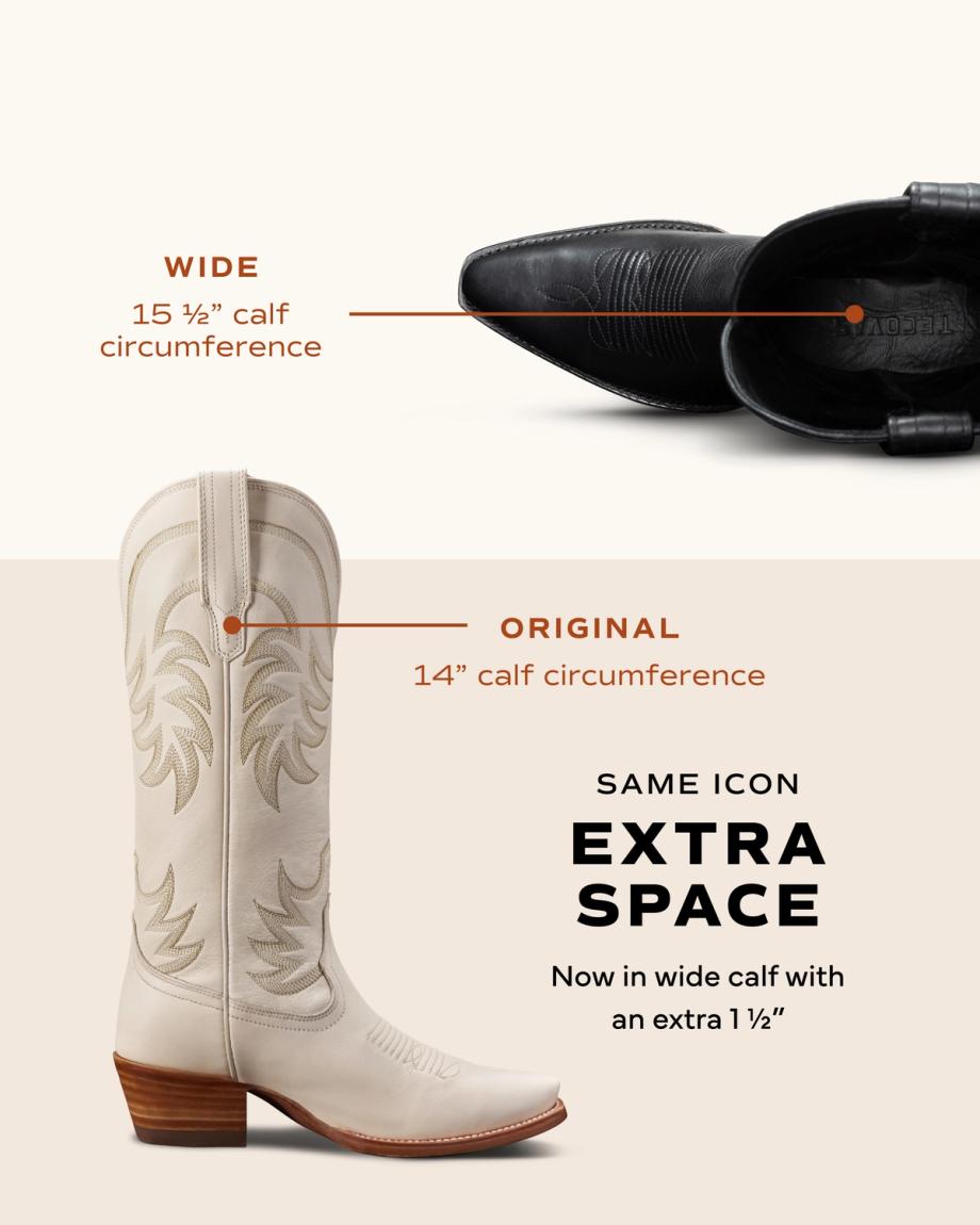 Comparison of two boots showing the original with a 14" calf circumference and a new wide version with a 15½" calf circumference, both in a neutral color.