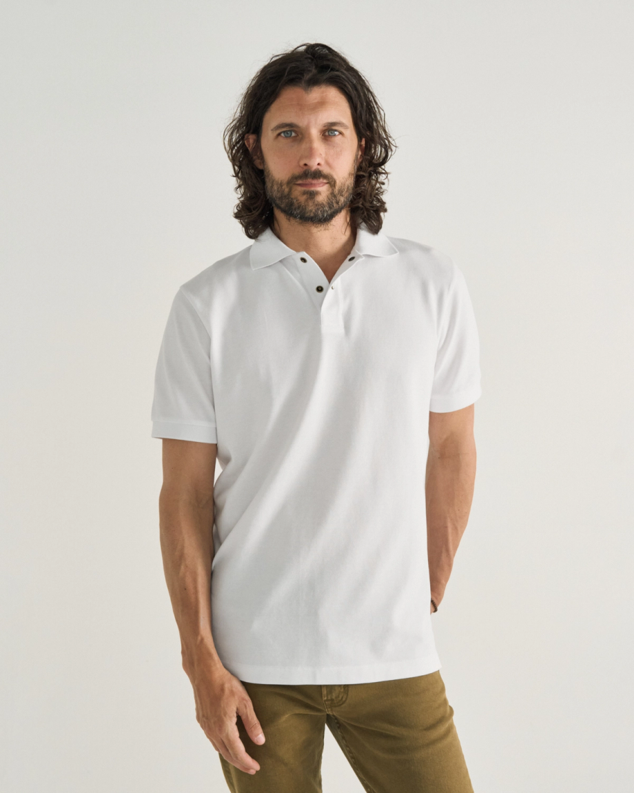 Closeup detail view of Men's Polo Pearl Snap SS - White