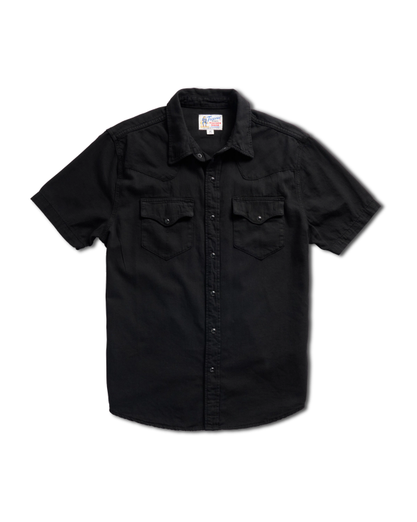 Closeup detail view of Men's Denim Pearl Snap SS - Black