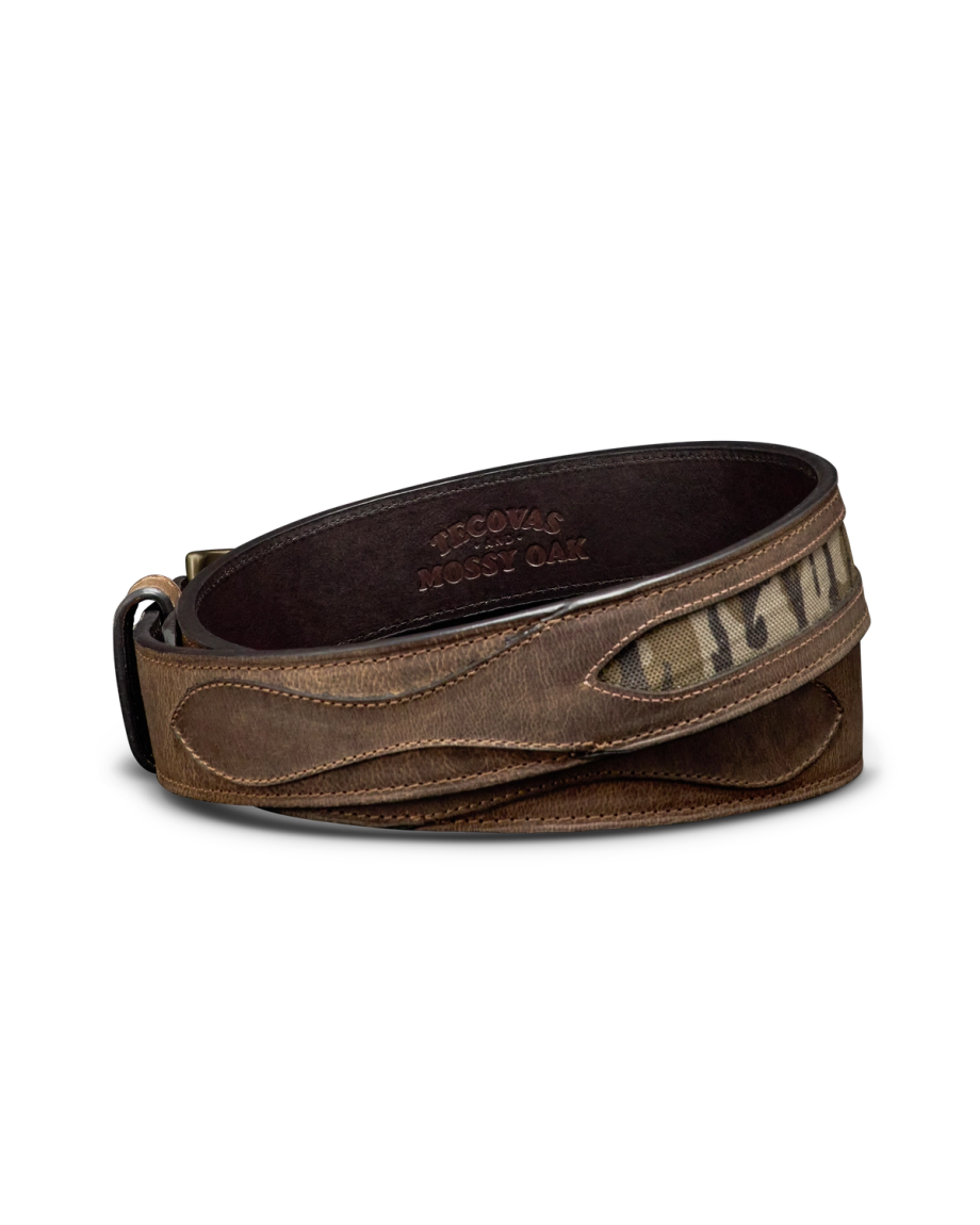 Back view of Men's Tecovas x Mossy Oak Belt - Brown / OG Bottomland on plain background