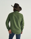 Closeup detail view of Men's Denim Long Sleeve Pearl Snap - Hunter Green