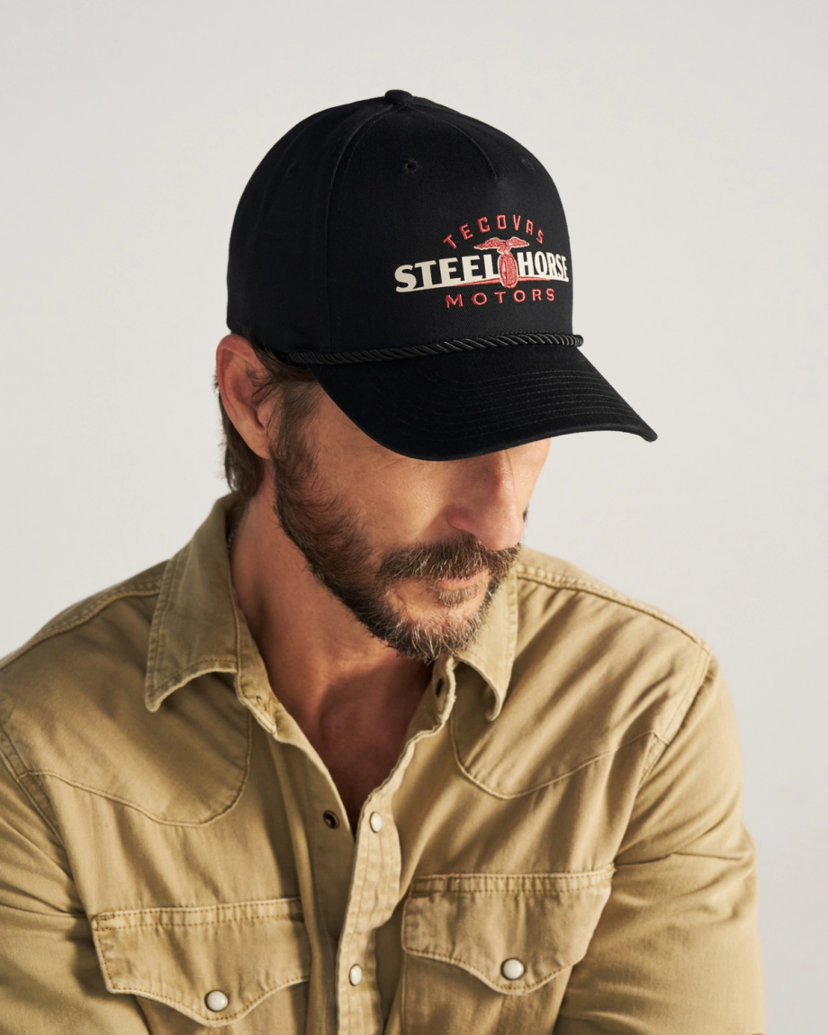 View of Steel Horse Motors 5 Panel Mid Pro Hat - Black