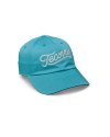 Quarterfront view of Tecovas Script Unstructured Hat - Teal on plain background