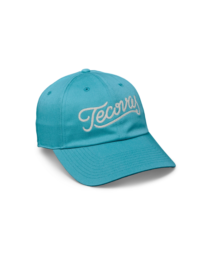 Quarterfront view of Tecovas Script Unstructured Hat - Teal on plain background