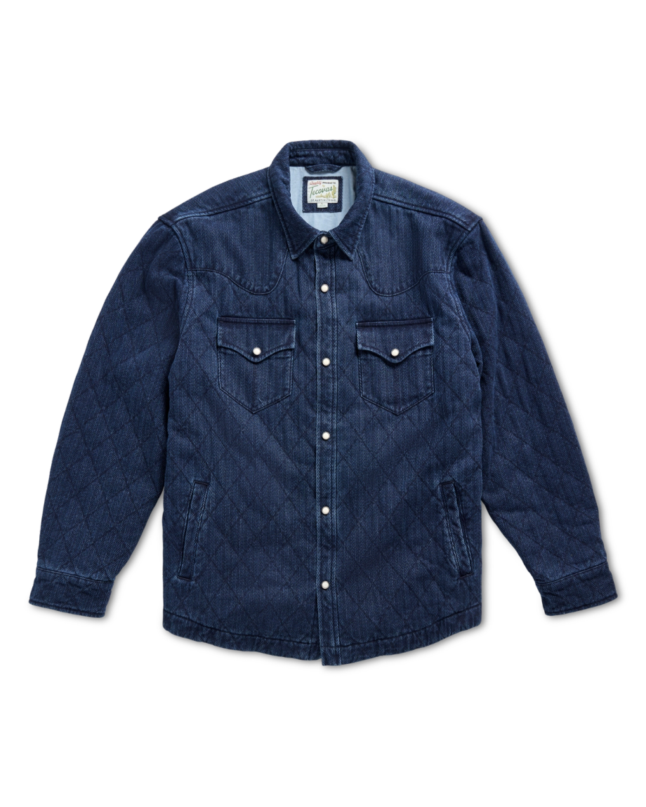 Front view of Men's Quilted Herringbone Shacket - Indigo on plain background