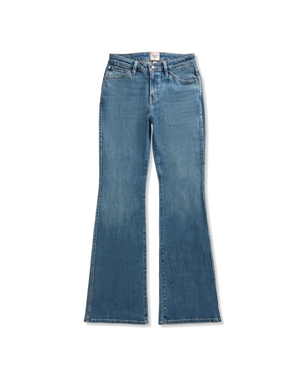 Front view of Women's Mid-Rise Slim Flare - Medium Wash on plain background