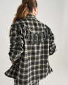 Closeup detail view of Women's Plaid Fringe Shacket - Black / White