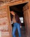 View of Women's Crew Neck Lucky Boots Sweater - Brown Heather/Oatmeal