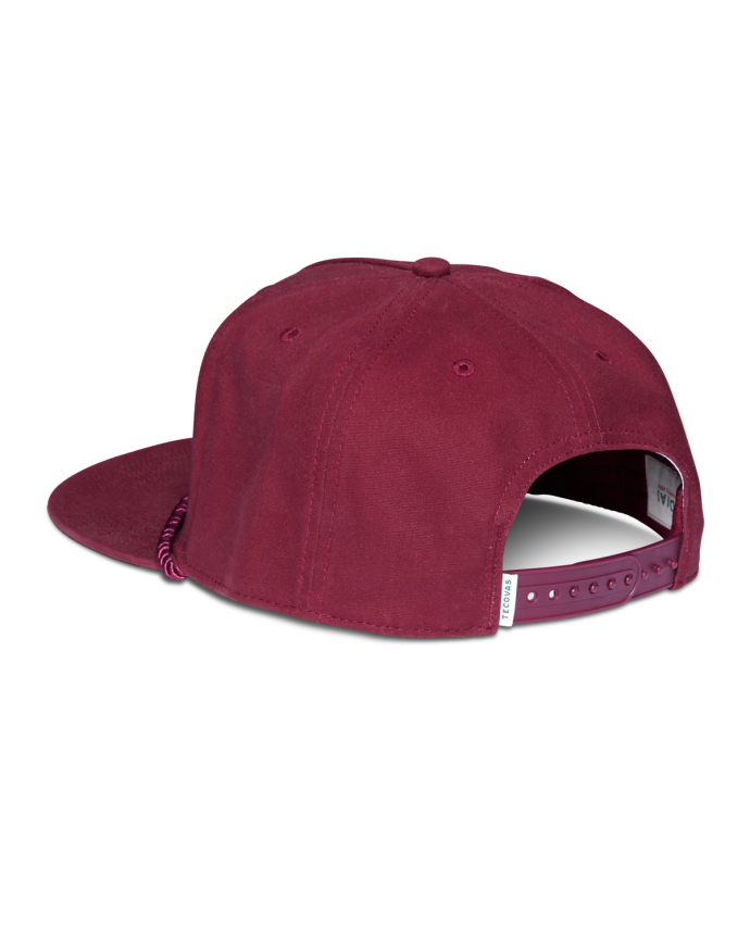 Quarterback view of Vintage Rope Five-Panel High Profile Trucker - Crimson on plain background