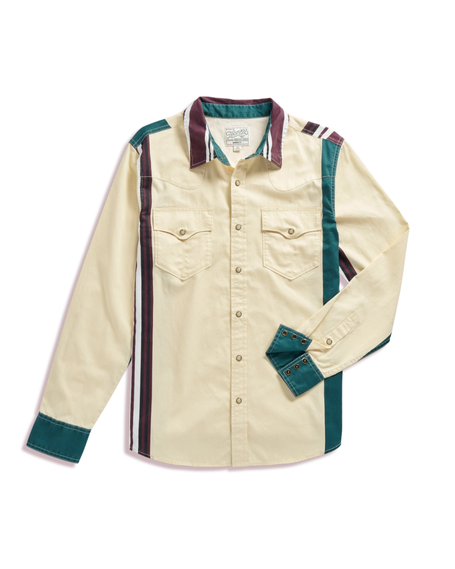 Closeup detail view of Men's Thorn Stopper Pearl Snap - Whisper White / Green Heron