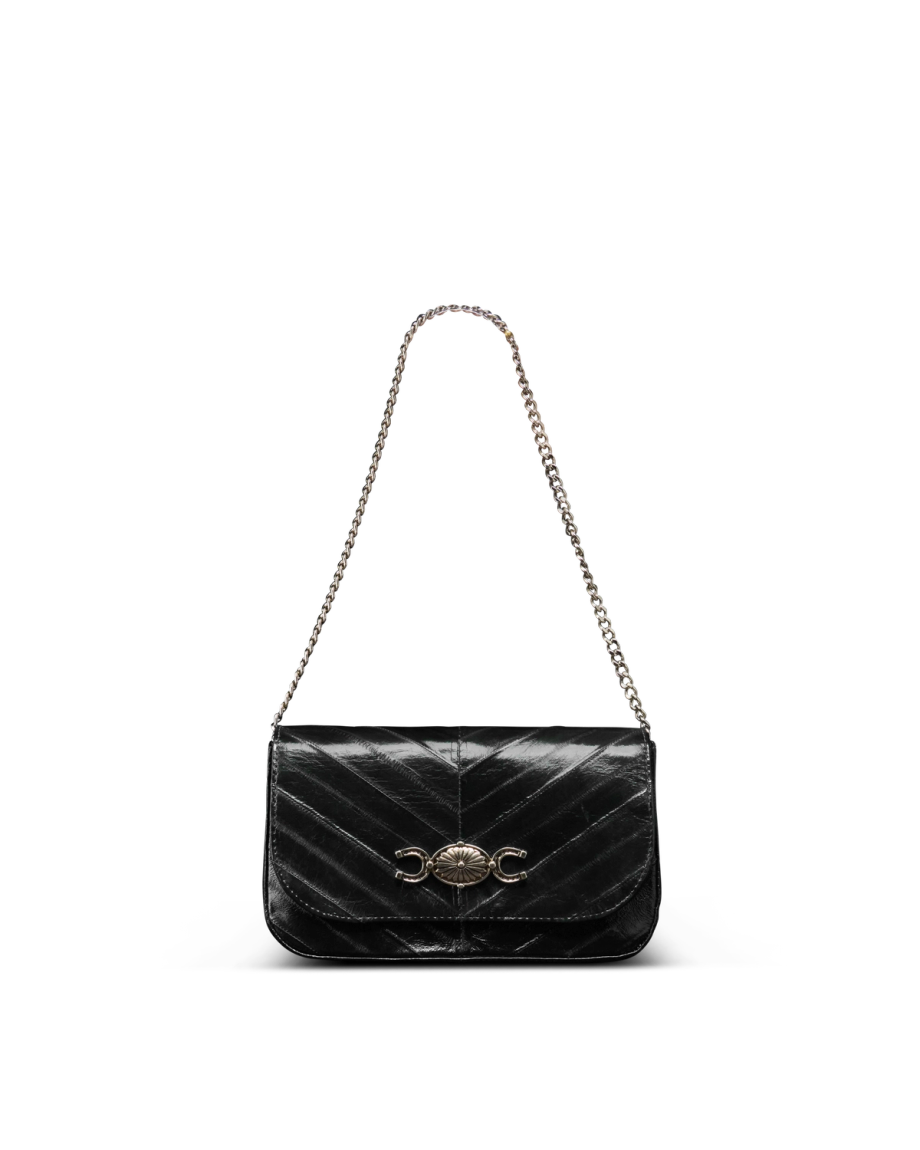 Front view of Eel Concho Clutch - Midnight on plain background