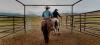Men riding horses on ranch
