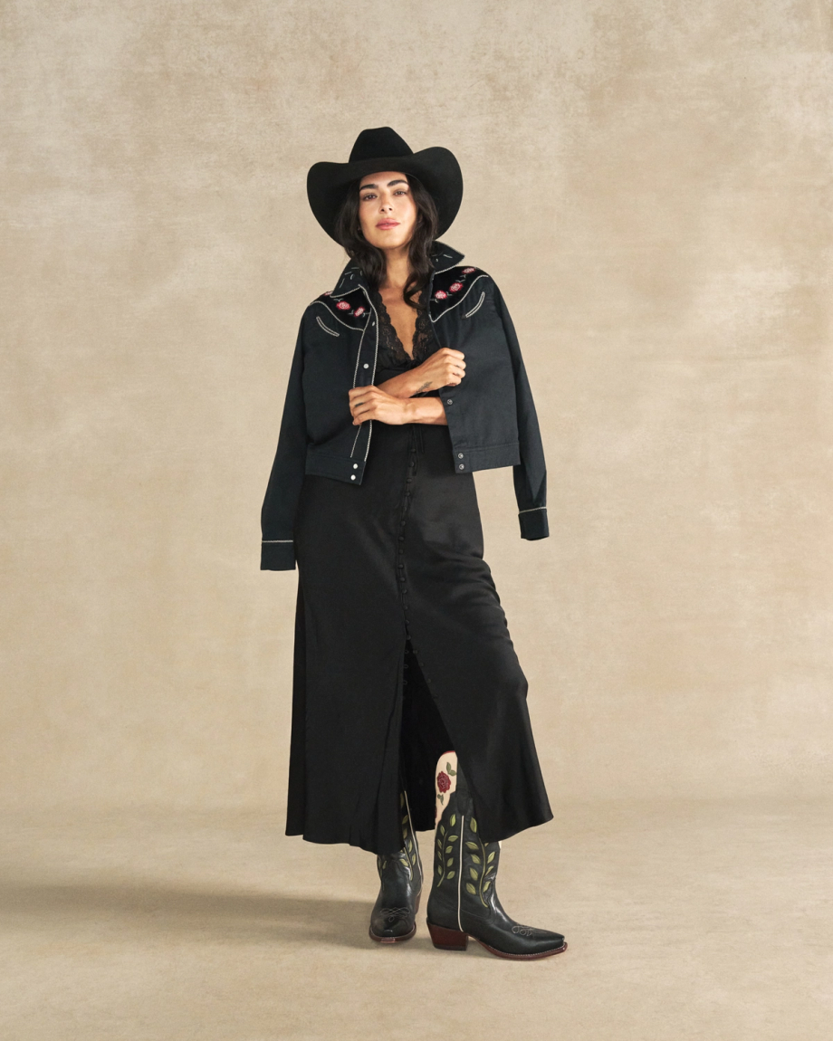 Full view of Women's Embroidered Dolly Jacket - Black on model
