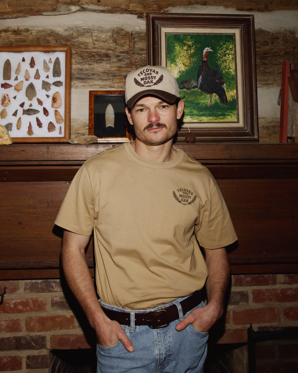 View of Men's Tecovas x Mossy Oak Turkey & Boots T-Shirt - Khaki/Olive