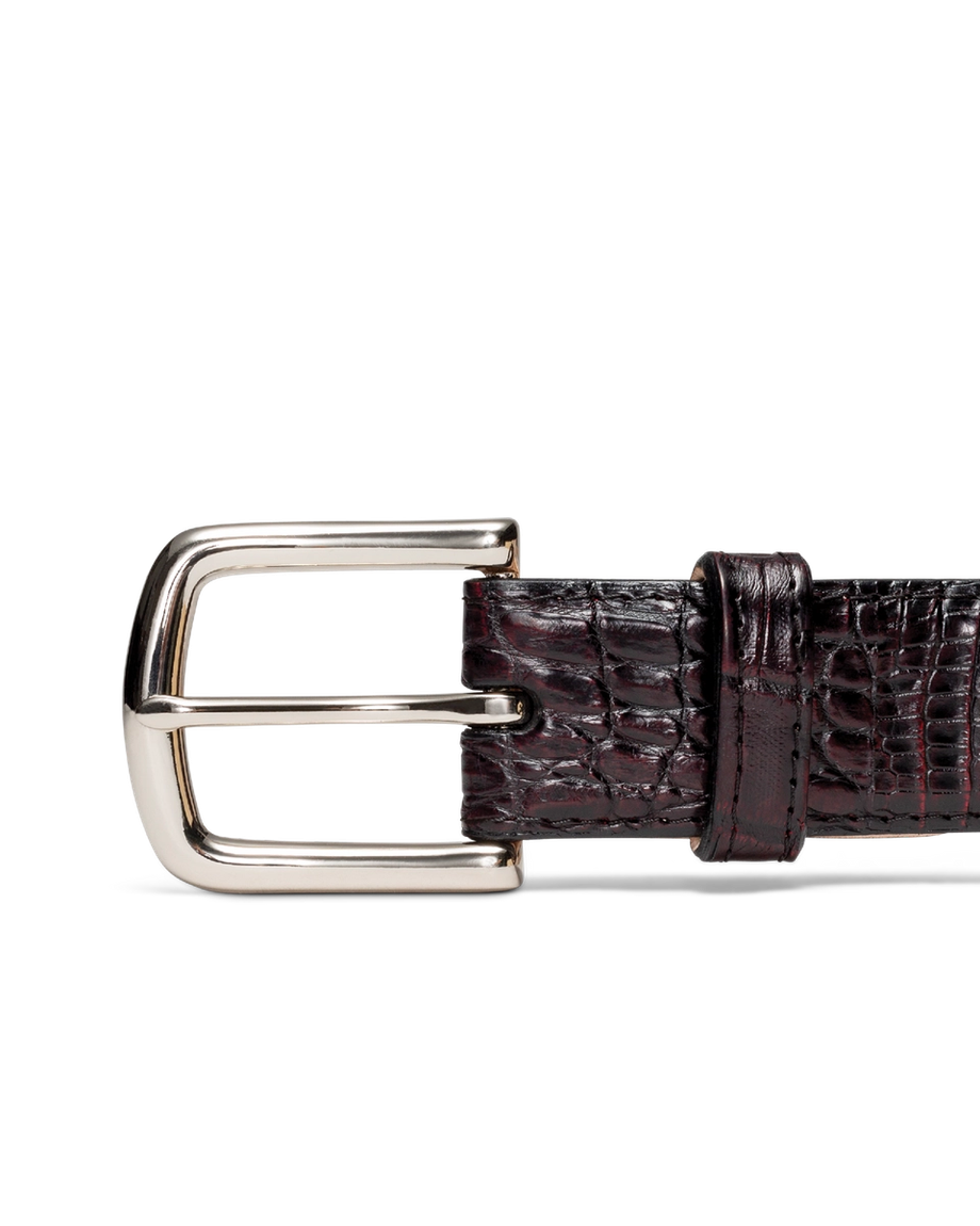 Closeup view of Men's Crocodile Belt - Black Cherry