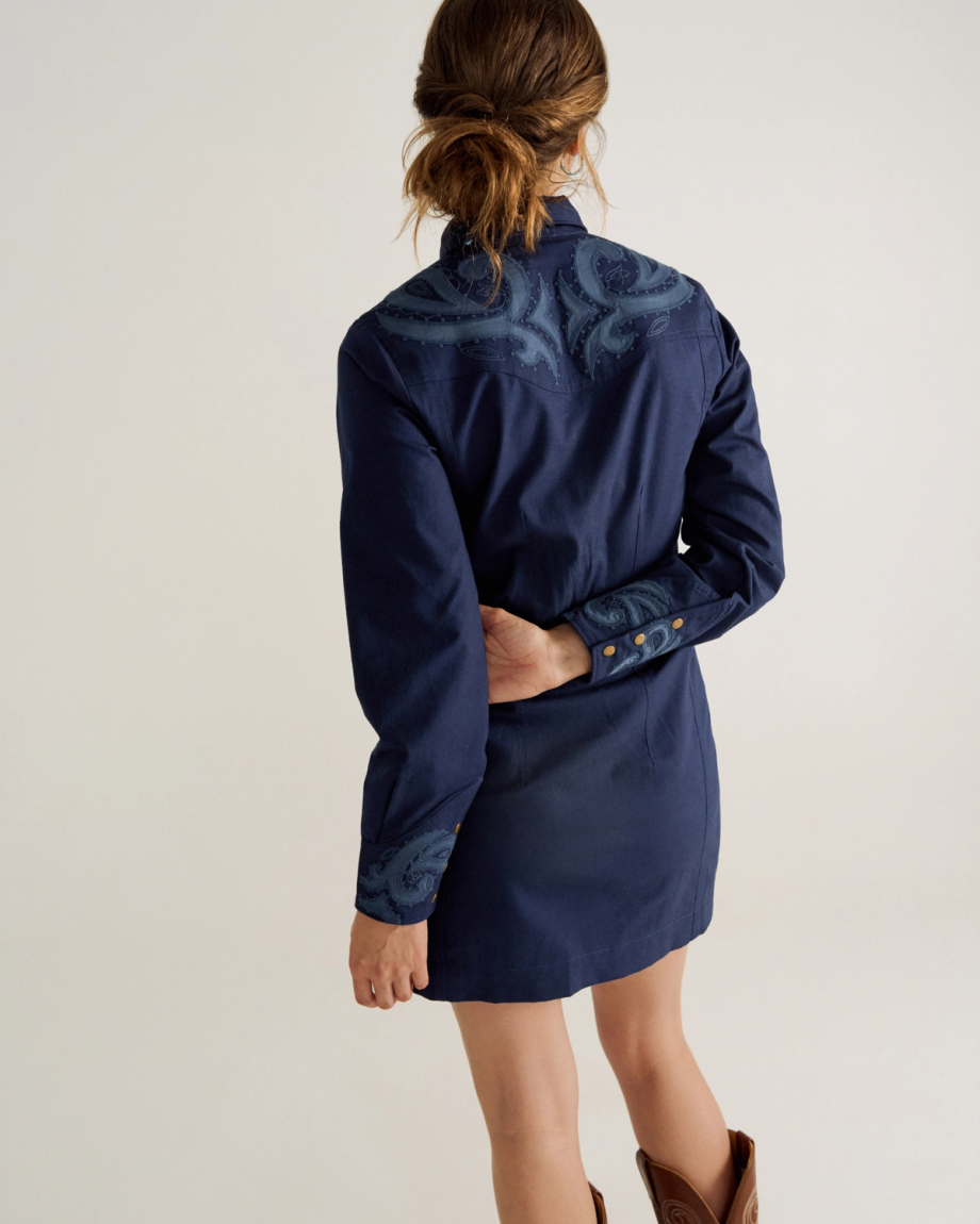 Back view of Women's L/S Applique Mini Dress - Twilight on model