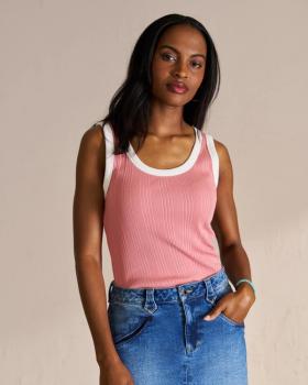 Front view of Women's Scoop Neck Ribbed Tank - Dusty Pink/White on model