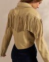 Closeup detail view of Women's Western Leather Fringe Jacket - Lt Tan