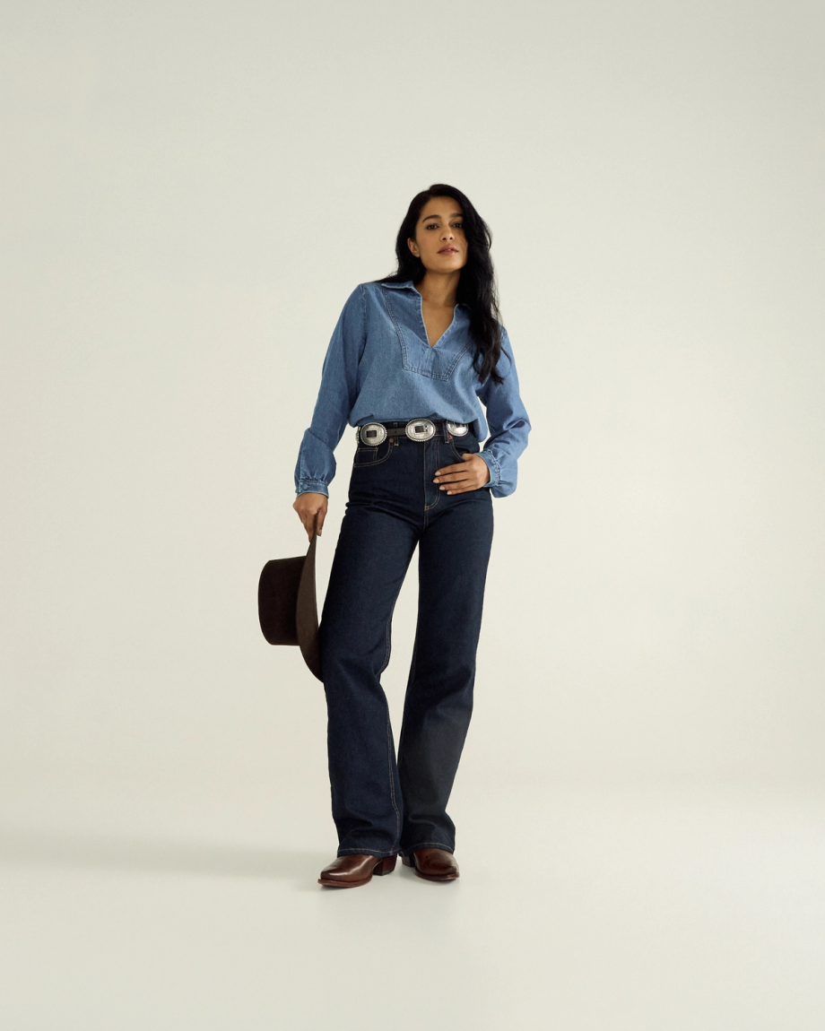 Full view of Women's L/S Denim Popover Top - Medium Wash on model