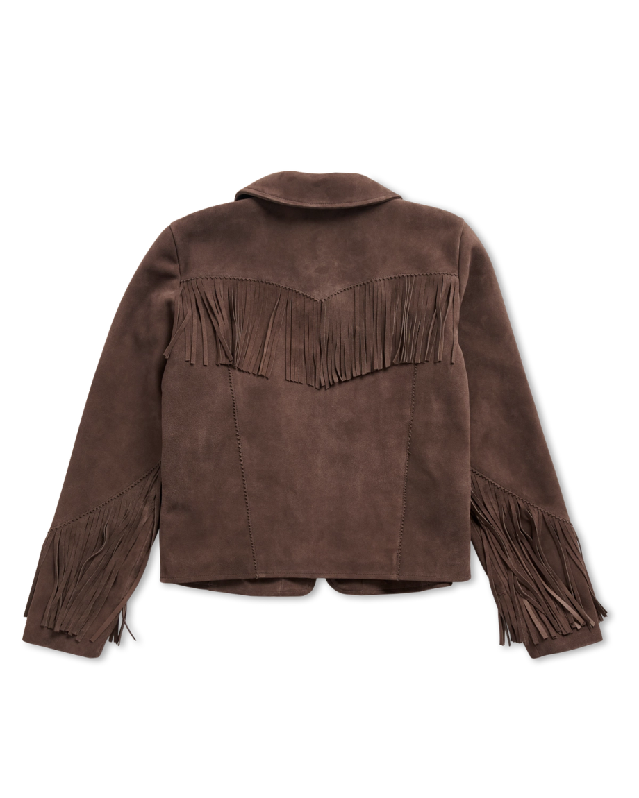 Closeup detail view of Women's Suede Fringe Jacket - Chocolate Brown