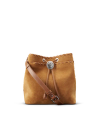 A brown suede drawstring bag with a leather strap and a decorative silver button on the front.