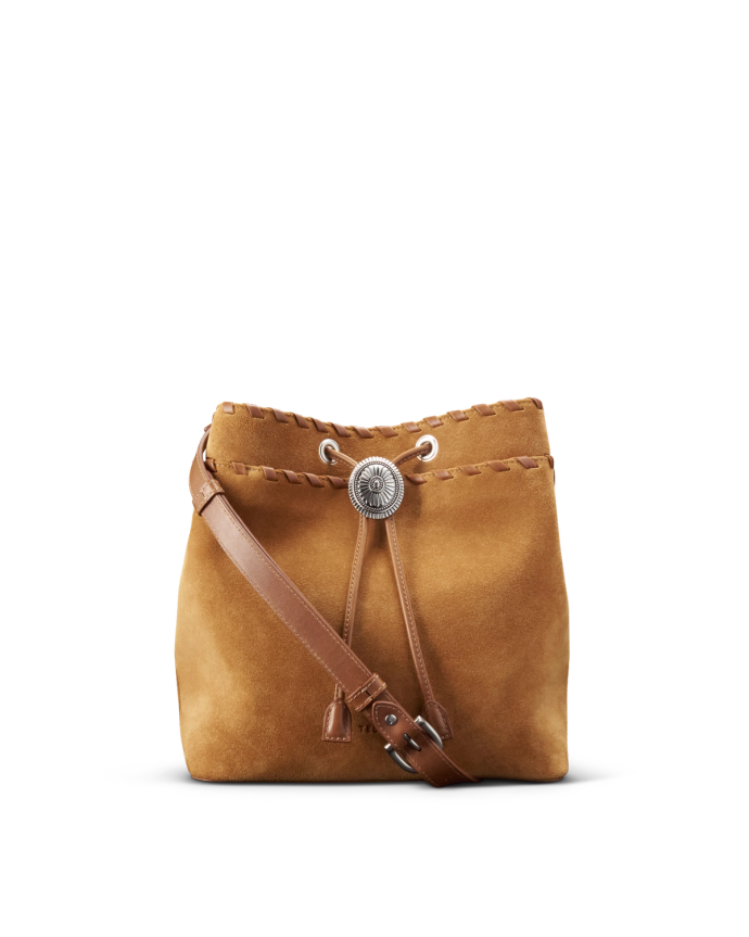 A brown suede drawstring bag with a leather strap and a decorative silver button on the front.