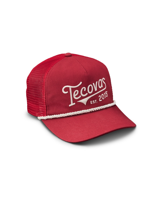 Quarterfront view of Tecovas Gameday Trucker - Red on plain background