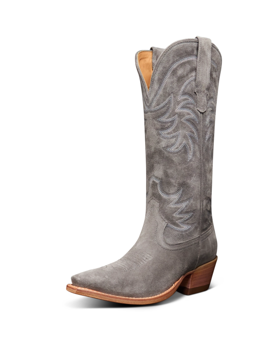 Quarterfront view of The Annie - Charcoal Suede on plain background