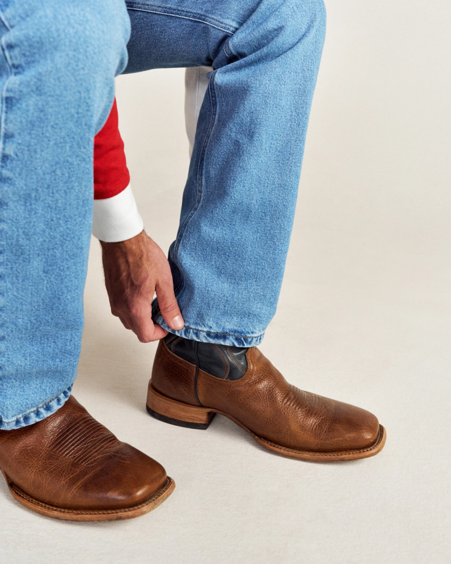 Close up of the Doc Tan Broad Square Toe cowboy boots in Brown