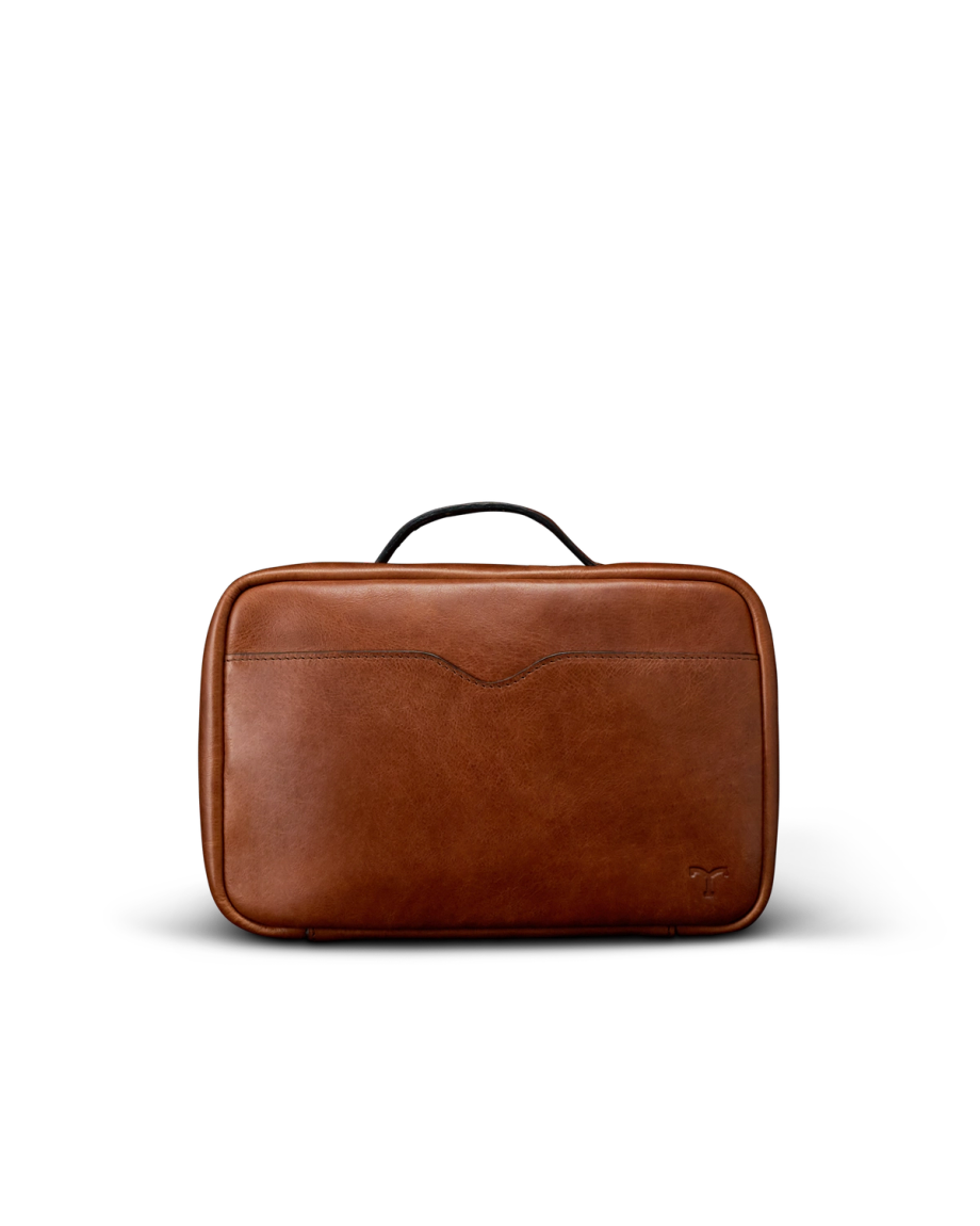 Front view of Bartlett Hanging Travel Kit - Cognac on plain background