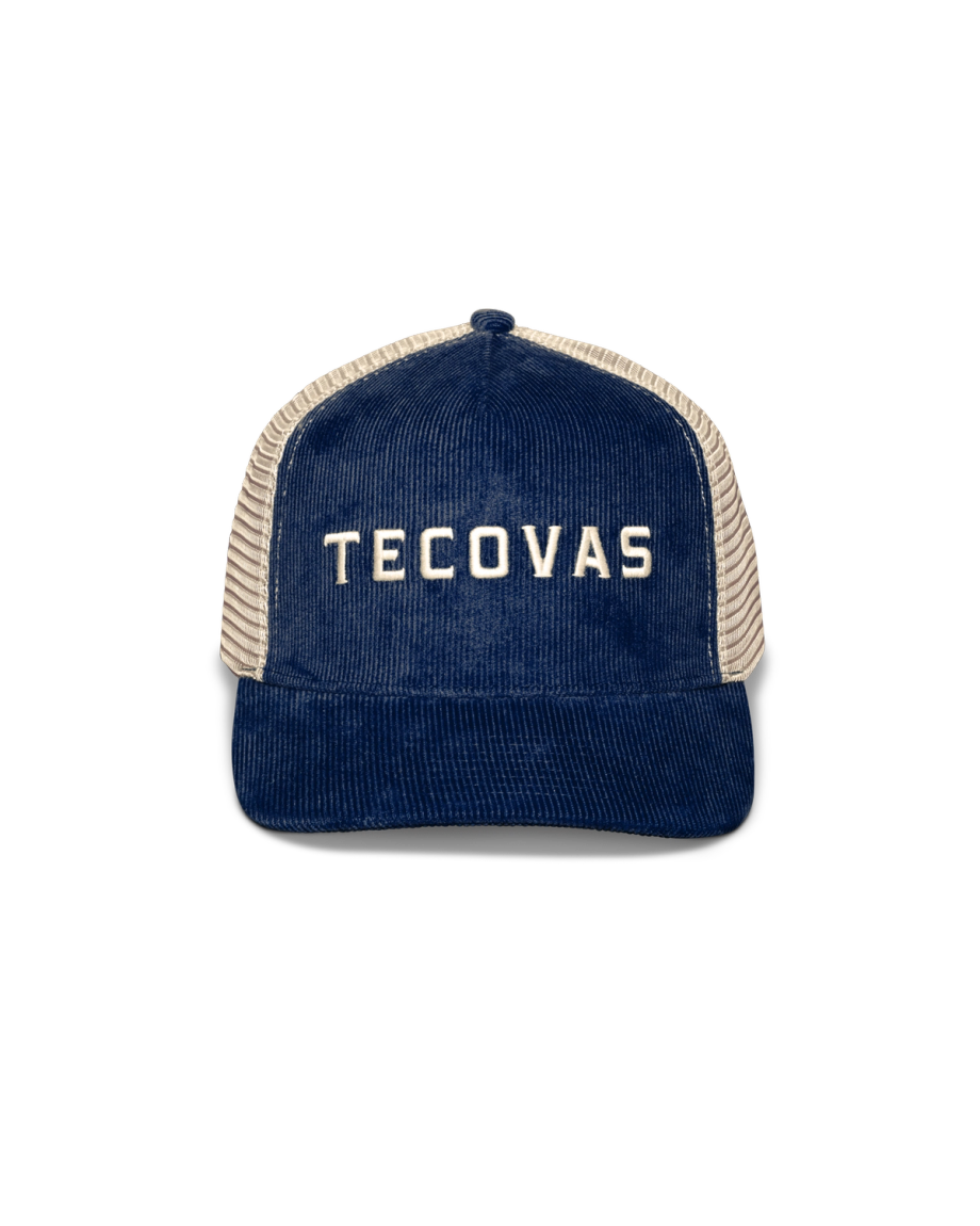 Front view of Tecovas Corduroy Five-Panel Mesh Trucker - Navy on plain background