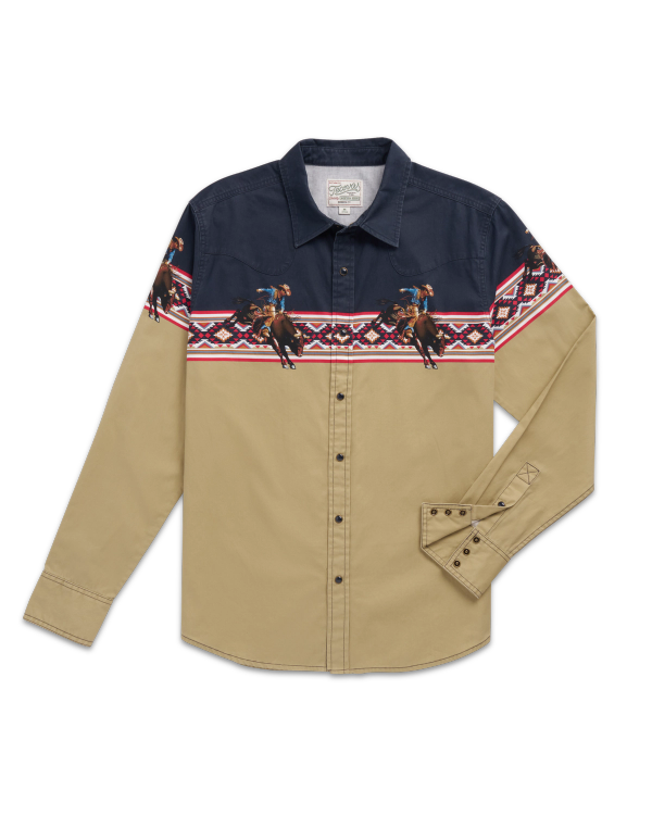 Closeup detail view of Men's Thorn Stopper Pearl Snap LS - Navy / Khaki