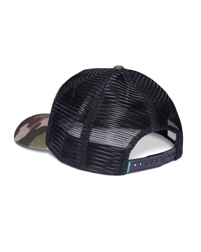 Quarterback view of Genuine Tecovas Patch 6 Panel Mid Profile Hat - Black/Camo on plain background