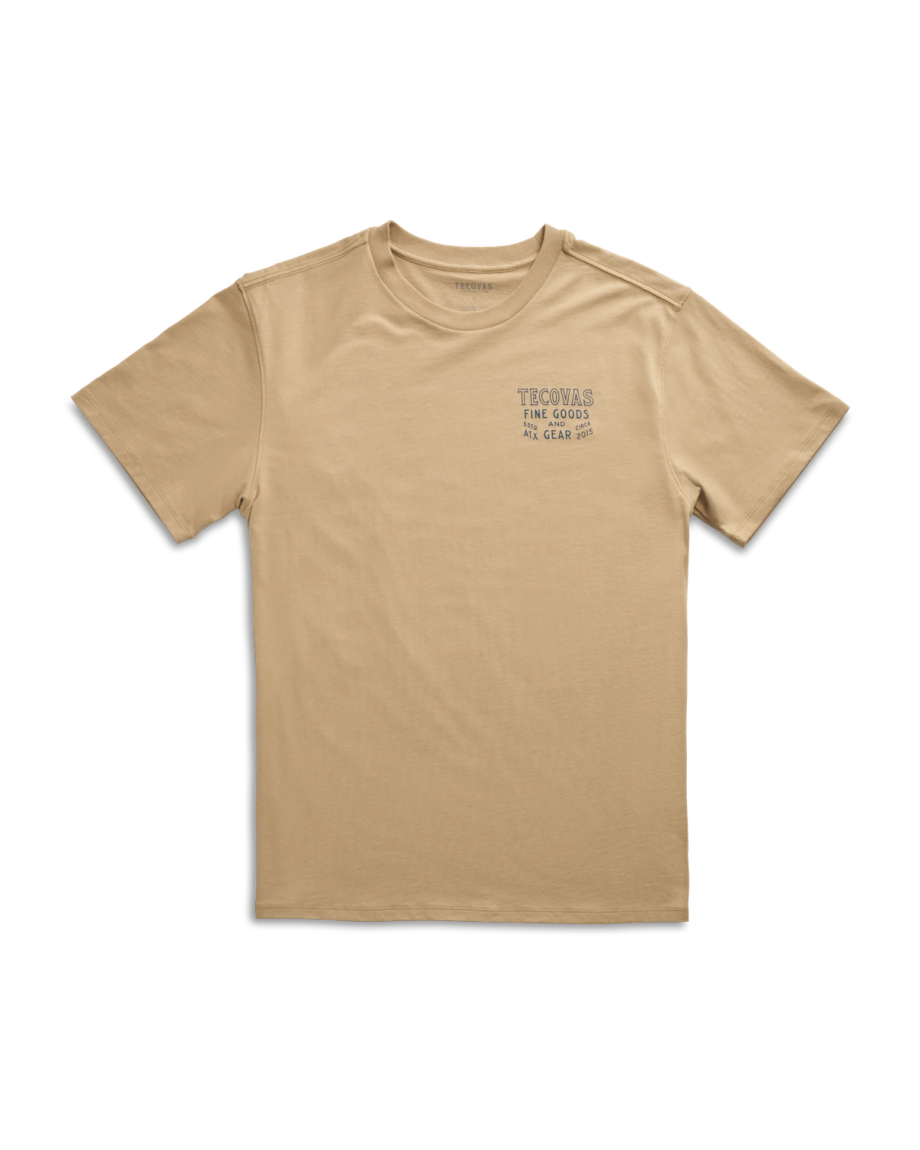 Front view of Men's Guitar Fine Goods Tee - Khaki / Blue on plain background