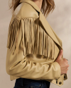 Closeup detail view of Women's Western Leather Fringe Jacket - Lt Tan