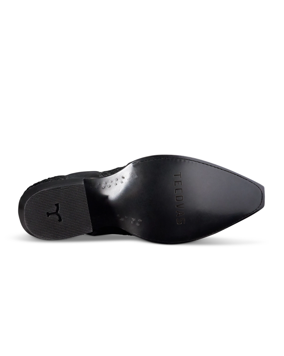 The sole of a black dress shoe with the word "TECONCO" embossed and a textured heel.