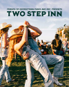 Couple dancing outdoors at a festival. People and a large cowboy boot sculpture in the background. Text reads: "Friends of Georgetown Parks and Rec. Presents Two Step Inn.