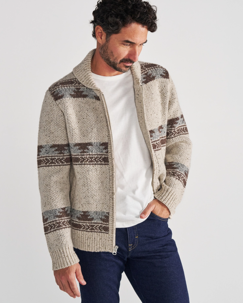 Front view of Men's Bison Zip Sweater - Oatmeal/Multi on model