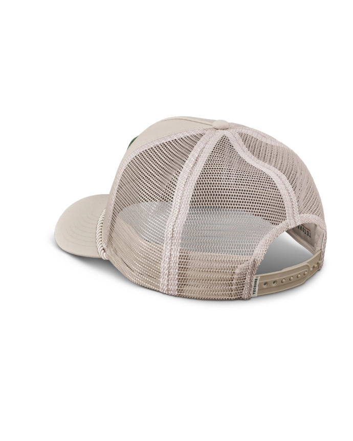 Quarterback view of Soco Patch Five-Panel Trucker II - Cream on plain background