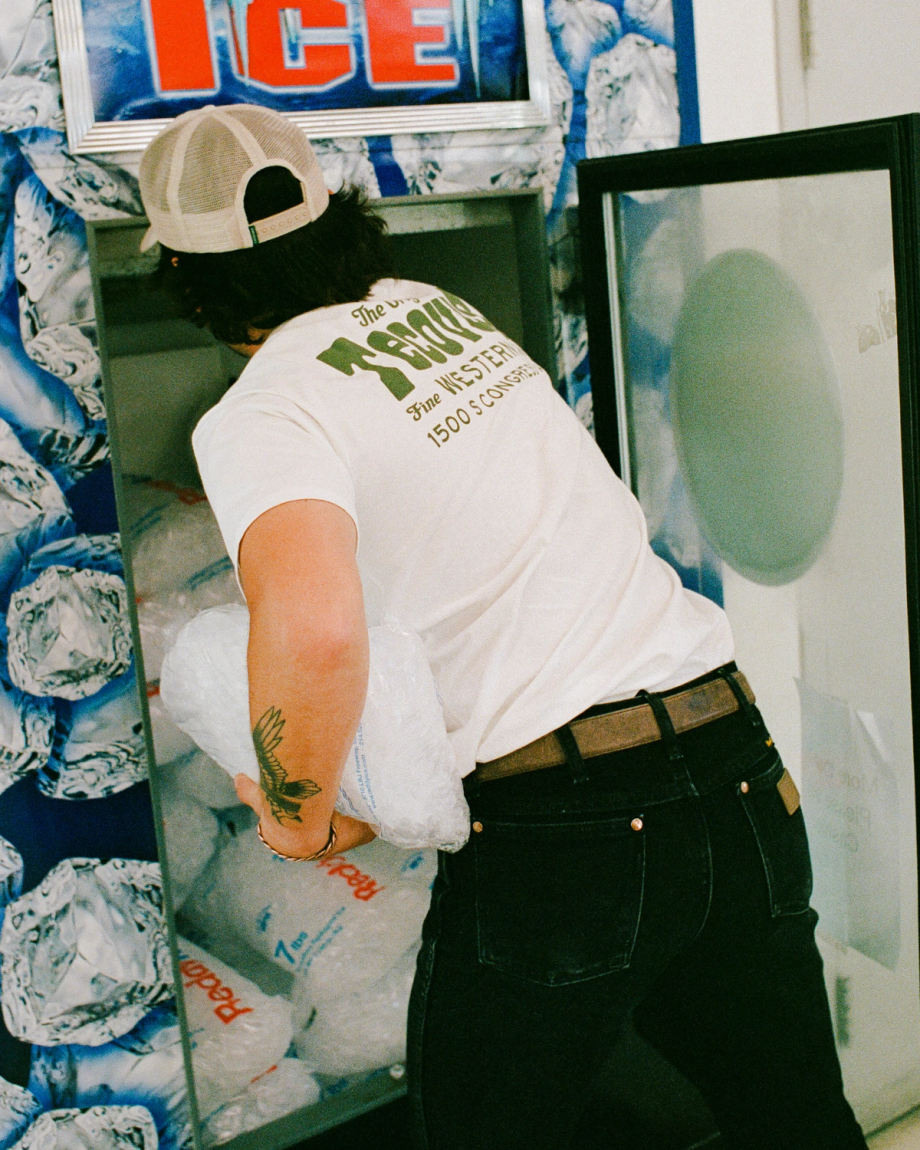 Closeup detail view of Men's Original Western Pocket Tee - Bone / Green