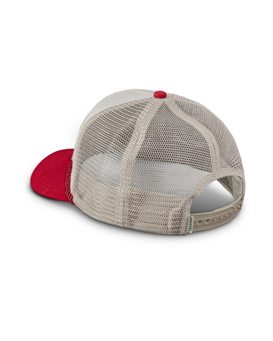 View of Tecovas Cowgirl Patch 5 Panel Trucker - Red / White
