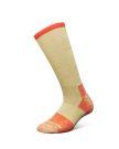 A single beige sock with orange-red accents on the toe, heel, and cuff, displayed against a black background.