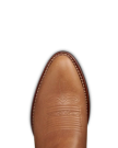 The Britt in Latte Goat. Close-up of the toe of a brown leather cowboy boot with decorative stitching, visible white welt stitching along the edge, and a subtle "Latte Goat" embossed detail accentuating its unique style.