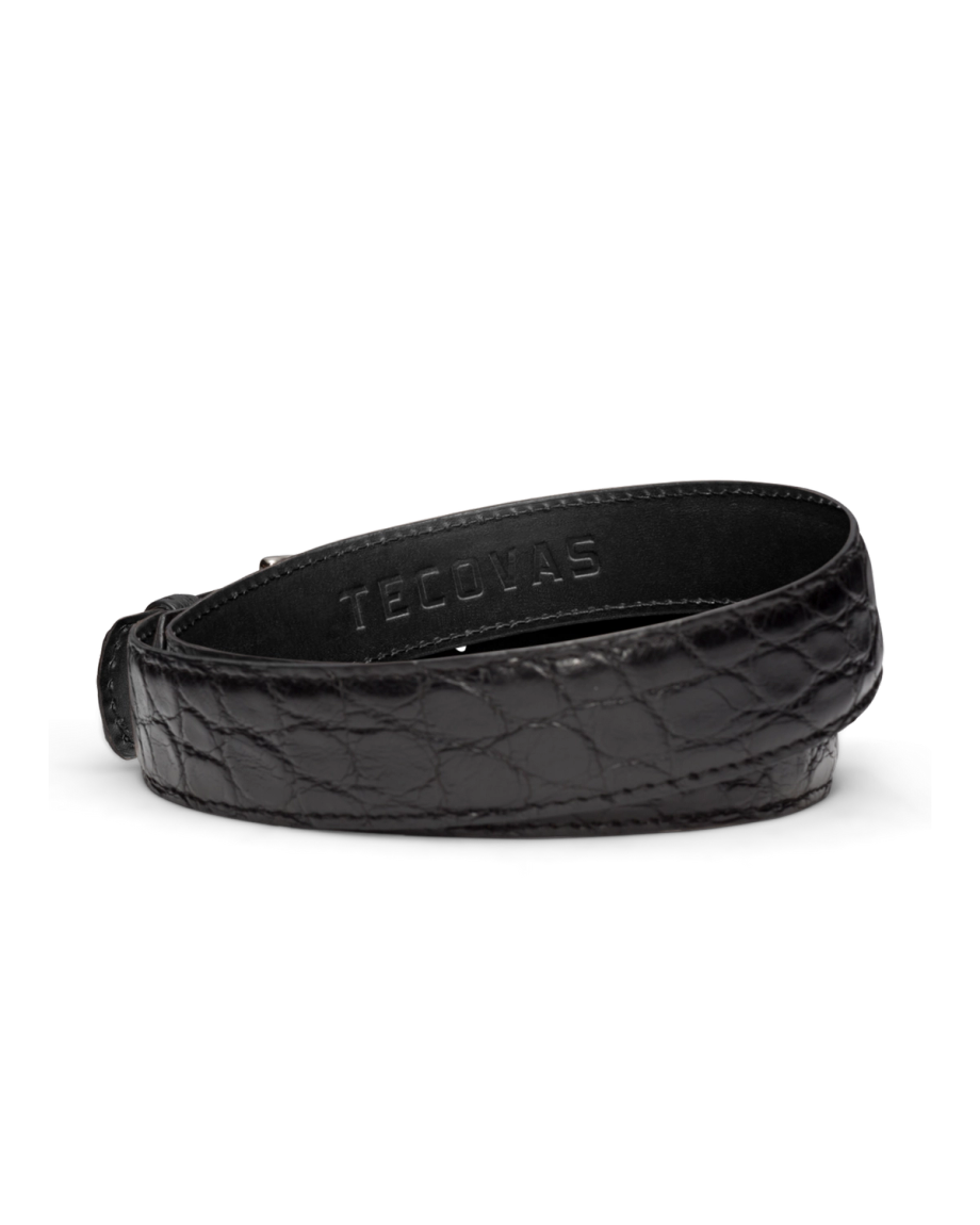 Back view of Men's Alligator Belt II - Midnight on plain background