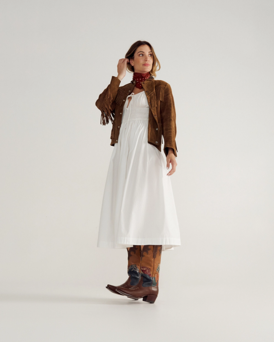 Full view of The Annie Wild Horses - Multi Cowhide on model