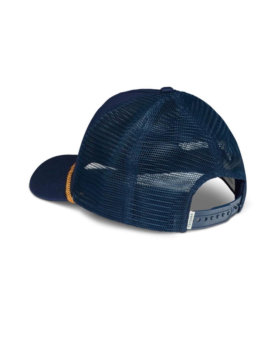 Quarterback view of Tecovas Truck 5 Panel High Pro Trucker - Navy on plain background