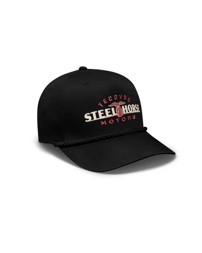 Quarterfront view of Steel Horse Motors 5 Panel Mid Pro Hat - Black on plain background